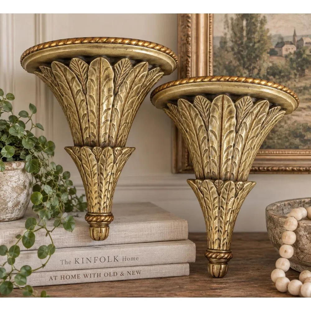 2 Maitland-Smith Gold Leaf Wall Shelves Corbels Sconce Acanthus Leaf Indonesia